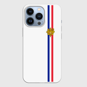 Чехол для iPhone 13 Pro с принтом Франция, лента с гербом в Тюмени,  |  | Тематика изображения на принте: fr | fra | france | герб | государство | знак | надпись | париж | патриот | полосы | республика | символ | страна | флаг | флага | франция | француз | французская | французский | французы | цвета