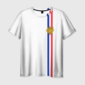 Мужская футболка 3D с принтом Франция, лента с гербом в Тюмени, 100% полиэфир | прямой крой, круглый вырез горловины, длина до линии бедер | fr | fra | france | герб | государство | знак | надпись | париж | патриот | полосы | республика | символ | страна | флаг | флага | франция | француз | французская | французский | французы | цвета