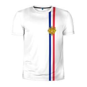 Мужская футболка 3D спортивная с принтом Франция, лента с гербом в Тюмени, 100% полиэстер с улучшенными характеристиками | приталенный силуэт, круглая горловина, широкие плечи, сужается к линии бедра | fr | fra | france | герб | государство | знак | надпись | париж | патриот | полосы | республика | символ | страна | флаг | флага | франция | француз | французская | французский | французы | цвета