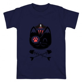 Мужская футболка хлопок с принтом кот пират в Тюмени, 100% хлопок | прямой крой, круглый вырез горловины, длина до линии бедер, слегка спущенное плечо. | Тематика изображения на принте: кот | пират | рыбка | скелет