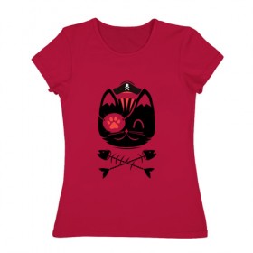 Женская футболка хлопок с принтом кот пират в Тюмени, 100% хлопок | прямой крой, круглый вырез горловины, длина до линии бедер, слегка спущенное плечо | кот | пират | рыбка | скелет