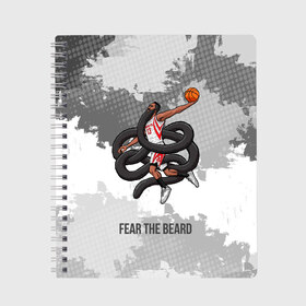 Тетрадь с принтом Fear the Beard в Тюмени, 100% бумага | 48 листов, плотность листов — 60 г/м2, плотность картонной обложки — 250 г/м2. Листы скреплены сбоку удобной пружинной спиралью. Уголки страниц и обложки скругленные. Цвет линий — светло-серый
 | Тематика изображения на принте: hurden | nba | rockets | баскетбол | нба | харден | хьюстон рокетс