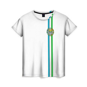 Женская футболка 3D с принтом Узбекистан, лента с гербом в Тюмени, 100% полиэфир ( синтетическое хлопкоподобное полотно) | прямой крой, круглый вырез горловины, длина до линии бедер | uz | uzb | герб | государство | знак | надпись | патриот | полосы | республика | самарканд | символ | снг | страна | ташкент | узбек | узбекистан | узбекистанец | узбекистанка | флаг | флага | цвета
