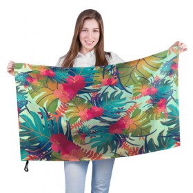 Флаг 3D с принтом Тропический в Тюмени, 100% полиэстер | плотность ткани — 95 г/м2, размер — 67 х 109 см. Принт наносится с одной стороны | весна | джунгли | для весны | для лета | лес | лето | листья | текстура | тропики | цветы