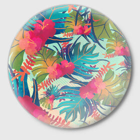 Значок с принтом Тропический в Тюмени,  металл | круглая форма, металлическая застежка в виде булавки | весна | джунгли | для весны | для лета | лес | лето | листья | текстура | тропики | цветы