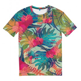 Мужская футболка 3D с принтом Тропический в Тюмени, 100% полиэфир | прямой крой, круглый вырез горловины, длина до линии бедер | весна | джунгли | для весны | для лета | лес | лето | листья | текстура | тропики | цветы