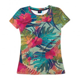 Женская футболка 3D с принтом Тропический в Тюмени, 100% полиэфир ( синтетическое хлопкоподобное полотно) | прямой крой, круглый вырез горловины, длина до линии бедер | весна | джунгли | для весны | для лета | лес | лето | листья | текстура | тропики | цветы