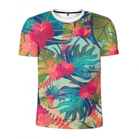 Мужская футболка 3D спортивная с принтом Тропический в Тюмени, 100% полиэстер с улучшенными характеристиками | приталенный силуэт, круглая горловина, широкие плечи, сужается к линии бедра | Тематика изображения на принте: весна | джунгли | для весны | для лета | лес | лето | листья | текстура | тропики | цветы