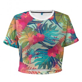 Женская футболка 3D укороченная с принтом Тропический в Тюмени, 100% полиэстер | круглая горловина, длина футболки до линии талии, рукава с отворотами | весна | джунгли | для весны | для лета | лес | лето | листья | текстура | тропики | цветы
