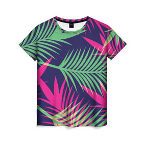 Женская футболка 3D с принтом Листья Пальмы в Тюмени, 100% полиэфир ( синтетическое хлопкоподобное полотно) | прямой крой, круглый вырез горловины, длина до линии бедер | весна | джунгли | для весны | для лета | лес | лето | листья | текстура | тропики | тропический | цветы