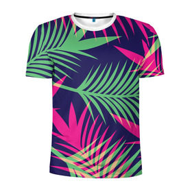 Мужская футболка 3D спортивная с принтом Листья Пальмы в Тюмени, 100% полиэстер с улучшенными характеристиками | приталенный силуэт, круглая горловина, широкие плечи, сужается к линии бедра | Тематика изображения на принте: весна | джунгли | для весны | для лета | лес | лето | листья | текстура | тропики | тропический | цветы