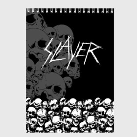 Скетчбук с принтом Slayer Black в Тюмени, 100% бумага
 | 48 листов, плотность листов — 100 г/м2, плотность картонной обложки — 250 г/м2. Листы скреплены сверху удобной пружинной спиралью | Тематика изображения на принте: hard | heavy | metal | rock | skull | trash | метал | рок | слеер | слейер | слэер | слэйер | треш | трэш | череп | черепа