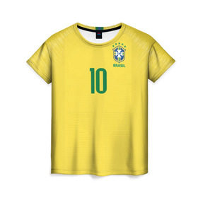 Женская футболка 3D с принтом Неймар 2018 домашняя в Тюмени, 100% полиэфир ( синтетическое хлопкоподобное полотно) | прямой крой, круглый вырез горловины, длина до линии бедер | brazil | cup champions | league | neymar | world | бразилия | неймар