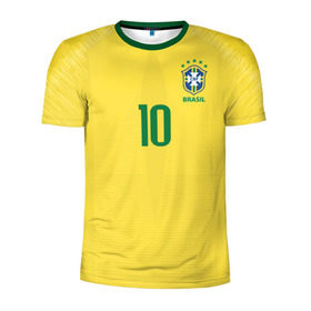 Мужская футболка 3D спортивная с принтом Неймар 2018 домашняя в Тюмени, 100% полиэстер с улучшенными характеристиками | приталенный силуэт, круглая горловина, широкие плечи, сужается к линии бедра | Тематика изображения на принте: brazil | cup champions | league | neymar | world | бразилия | неймар