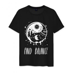 Мужская футболка хлопок с принтом Find balance в Тюмени, 100% хлопок | прямой крой, круглый вырез горловины, длина до линии бедер, слегка спущенное плечо. | balance | moon | nature | positive | stars | sun | vibes | баланс | гармония | звезды | инь | луна | небо | природа | символ | солнце | ян