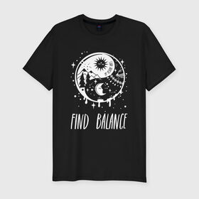 Мужская футболка премиум с принтом Find balance в Тюмени, 92% хлопок, 8% лайкра | приталенный силуэт, круглый вырез ворота, длина до линии бедра, короткий рукав | balance | moon | nature | positive | stars | sun | vibes | баланс | гармония | звезды | инь | луна | небо | природа | символ | солнце | ян