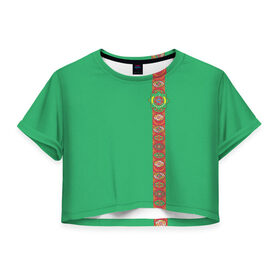 Женская футболка 3D укороченная с принтом Туркменистан, лента с гербом в Тюмени, 100% полиэстер | круглая горловина, длина футболки до линии талии, рукава с отворотами | tkm | tm | trkmenistan | азия | ашхабад | герб | государство | знак | надпись | патриот | полосы | республика | символ | снг | страна | туркмен | туркменистан | туркмения | флаг | флага | цвета