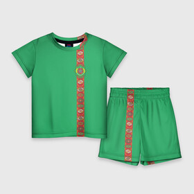 Детский костюм с шортами 3D с принтом Туркменистан, лента с гербом в Тюмени,  |  | tkm | tm | trkmenistan | азия | ашхабад | герб | государство | знак | надпись | патриот | полосы | республика | символ | снг | страна | туркмен | туркменистан | туркмения | флаг | флага | цвета