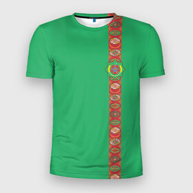 Мужская футболка 3D спортивная с принтом Туркменистан, лента с гербом в Тюмени, 100% полиэстер с улучшенными характеристиками | приталенный силуэт, круглая горловина, широкие плечи, сужается к линии бедра | tkm | tm | trkmenistan | азия | ашхабад | герб | государство | знак | надпись | патриот | полосы | республика | символ | снг | страна | туркмен | туркменистан | туркмения | флаг | флага | цвета