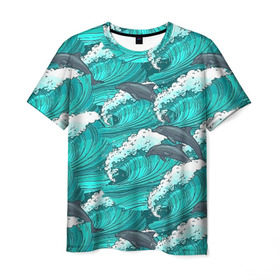Мужская футболка 3D с принтом Дельфины в Тюмени, 100% полиэфир | прямой крой, круглый вырез горловины, длина до линии бедер | dolphins | fish | ocean | pattern | sea | summer | waves | волны | дельфины | лето | море | океан | паттерн | рыбы