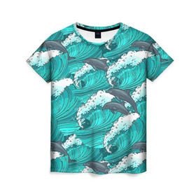 Женская футболка 3D с принтом Дельфины в Тюмени, 100% полиэфир ( синтетическое хлопкоподобное полотно) | прямой крой, круглый вырез горловины, длина до линии бедер | dolphins | fish | ocean | pattern | sea | summer | waves | волны | дельфины | лето | море | океан | паттерн | рыбы