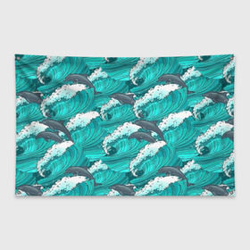 Флаг-баннер с принтом Дельфины в Тюмени, 100% полиэстер | размер 67 х 109 см, плотность ткани — 95 г/м2; по краям флага есть четыре люверса для крепления | dolphins | fish | ocean | pattern | sea | summer | waves | волны | дельфины | лето | море | океан | паттерн | рыбы
