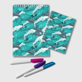 Блокнот с принтом Дельфины в Тюмени, 100% бумага | 48 листов, плотность листов — 60 г/м2, плотность картонной обложки — 250 г/м2. Листы скреплены удобной пружинной спиралью. Цвет линий — светло-серый
 | dolphins | fish | ocean | pattern | sea | summer | waves | волны | дельфины | лето | море | океан | паттерн | рыбы