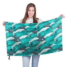 Флаг 3D с принтом Дельфины в Тюмени, 100% полиэстер | плотность ткани — 95 г/м2, размер — 67 х 109 см. Принт наносится с одной стороны | dolphins | fish | ocean | pattern | sea | summer | waves | волны | дельфины | лето | море | океан | паттерн | рыбы