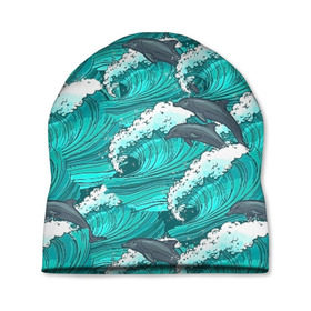 Шапка 3D с принтом Дельфины в Тюмени, 100% полиэстер | универсальный размер, печать по всей поверхности изделия | dolphins | fish | ocean | pattern | sea | summer | waves | волны | дельфины | лето | море | океан | паттерн | рыбы