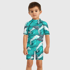 Детский купальный костюм 3D с принтом Дельфины в Тюмени, Полиэстер 85%, Спандекс 15% | застежка на молнии на спине | dolphins | fish | ocean | pattern | sea | summer | waves | волны | дельфины | лето | море | океан | паттерн | рыбы