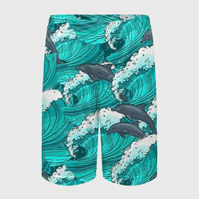 Детские спортивные шорты 3D с принтом Дельфины в Тюмени,  100% полиэстер
 | пояс оформлен широкой мягкой резинкой, ткань тянется
 | Тематика изображения на принте: dolphins | fish | ocean | pattern | sea | summer | waves | волны | дельфины | лето | море | океан | паттерн | рыбы