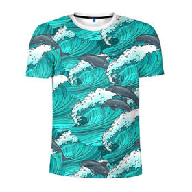 Мужская футболка 3D спортивная с принтом Дельфины в Тюмени, 100% полиэстер с улучшенными характеристиками | приталенный силуэт, круглая горловина, широкие плечи, сужается к линии бедра | dolphins | fish | ocean | pattern | sea | summer | waves | волны | дельфины | лето | море | океан | паттерн | рыбы