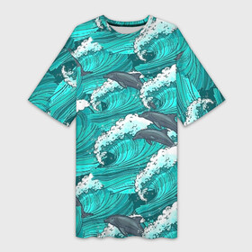 Платье-футболка 3D с принтом Дельфины в Тюмени,  |  | dolphins | fish | ocean | pattern | sea | summer | waves | волны | дельфины | лето | море | океан | паттерн | рыбы