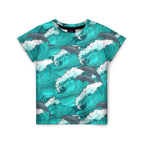 Детская футболка 3D с принтом Дельфины в Тюмени, 100% гипоаллергенный полиэфир | прямой крой, круглый вырез горловины, длина до линии бедер, чуть спущенное плечо, ткань немного тянется | Тематика изображения на принте: dolphins | fish | ocean | pattern | sea | summer | waves | волны | дельфины | лето | море | океан | паттерн | рыбы