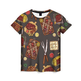 Женская футболка 3D с принтом Вкуснятина в Тюмени, 100% полиэфир ( синтетическое хлопкоподобное полотно) | прямой крой, круглый вырез горловины, длина до линии бедер | барбекю | еда | кулинария | мясо | повар | стейк | шашлык