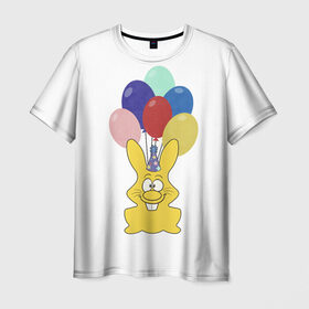 Мужская футболка 3D с принтом Зайчик с шарами в Тюмени, 100% полиэфир | прямой крой, круглый вырез горловины, длина до линии бедер | желейный зайчик | желейный заяц | заяц