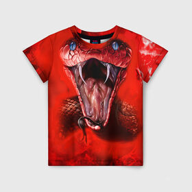 Детская футболка 3D с принтом Red Snake в Тюмени, 100% гипоаллергенный полиэфир | прямой крой, круглый вырез горловины, длина до линии бедер, чуть спущенное плечо, ткань немного тянется | art | halloween | snake | арт | змея | клыки | красная | мамба | хэллоуин | яд