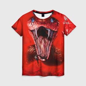 Женская футболка 3D с принтом Red Snake в Тюмени, 100% полиэфир ( синтетическое хлопкоподобное полотно) | прямой крой, круглый вырез горловины, длина до линии бедер | Тематика изображения на принте: art | halloween | snake | арт | змея | клыки | красная | мамба | хэллоуин | яд