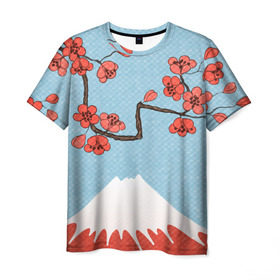 Мужская футболка 3D с принтом Гора Фудзияма в Тюмени, 100% полиэфир | прямой крой, круглый вырез горловины, длина до линии бедер | белый | вершина | вишня | зима | красный | сакура | синий | снег | япония