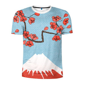 Мужская футболка 3D спортивная с принтом Гора Фудзияма в Тюмени, 100% полиэстер с улучшенными характеристиками | приталенный силуэт, круглая горловина, широкие плечи, сужается к линии бедра | белый | вершина | вишня | зима | красный | сакура | синий | снег | япония
