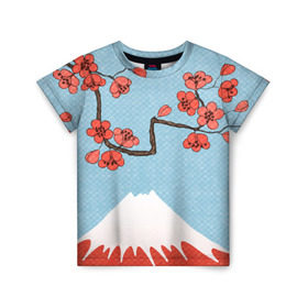 Детская футболка 3D с принтом Гора Фудзияма в Тюмени, 100% гипоаллергенный полиэфир | прямой крой, круглый вырез горловины, длина до линии бедер, чуть спущенное плечо, ткань немного тянется | белый | вершина | вишня | зима | красный | сакура | синий | снег | япония