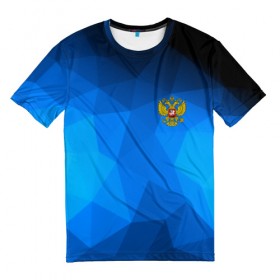 Мужская футболка 3D с принтом Russia lowpoly collection blue в Тюмени, 100% полиэфир | прямой крой, круглый вырез горловины, длина до линии бедер | Тематика изображения на принте: abstraction | grunge | russia | sport | абстракция | герб | краска | русский | символика рф | спорт | спортивный | триколор | униформа | форма | я русский