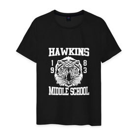 Мужская футболка хлопок с принтом Hawkins middle school в Тюмени, 100% хлопок | прямой крой, круглый вырез горловины, длина до линии бедер, слегка спущенное плечо. | hawkins | stranger things | очень странные дела | хоукинс