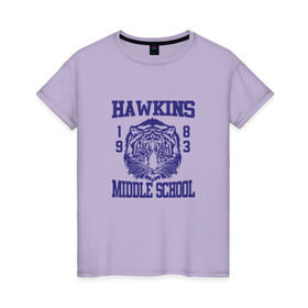 Женская футболка хлопок с принтом Hawkins middle school в Тюмени, 100% хлопок | прямой крой, круглый вырез горловины, длина до линии бедер, слегка спущенное плечо | hawkins | stranger things | очень странные дела | хоукинс