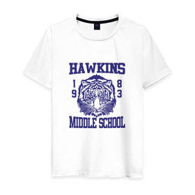 Мужская футболка хлопок с принтом Hawkins middle school в Тюмени, 100% хлопок | прямой крой, круглый вырез горловины, длина до линии бедер, слегка спущенное плечо. | Тематика изображения на принте: hawkins | stranger things | очень странные дела | хоукинс