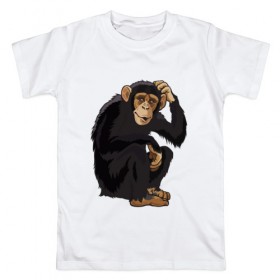 Мужская футболка хлопок с принтом Обезьяна думает в Тюмени, 100% хлопок | прямой крой, круглый вырез горловины, длина до линии бедер, слегка спущенное плечо. | думать | животное | мавпа | обезьяна | человек