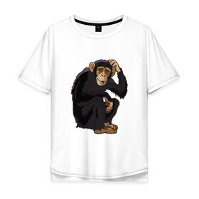 Мужская футболка хлопок Oversize с принтом Обезьяна думает в Тюмени, 100% хлопок | свободный крой, круглый ворот, “спинка” длиннее передней части | думать | животное | мавпа | обезьяна | человек
