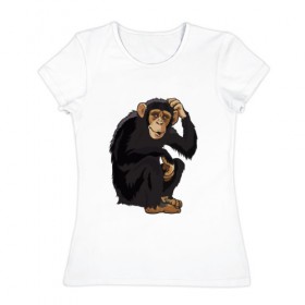 Женская футболка хлопок с принтом Обезьяна думает в Тюмени, 100% хлопок | прямой крой, круглый вырез горловины, длина до линии бедер, слегка спущенное плечо | думать | животное | мавпа | обезьяна | человек