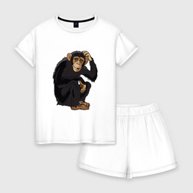 Женская пижама с шортиками хлопок с принтом Обезьяна думает в Тюмени, 100% хлопок | футболка прямого кроя, шорты свободные с широкой мягкой резинкой | думать | животное | мавпа | обезьяна | человек