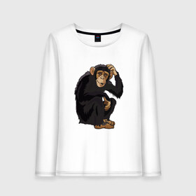 Женский лонгслив хлопок с принтом Обезьяна думает в Тюмени, 100% хлопок |  | думать | животное | мавпа | обезьяна | человек